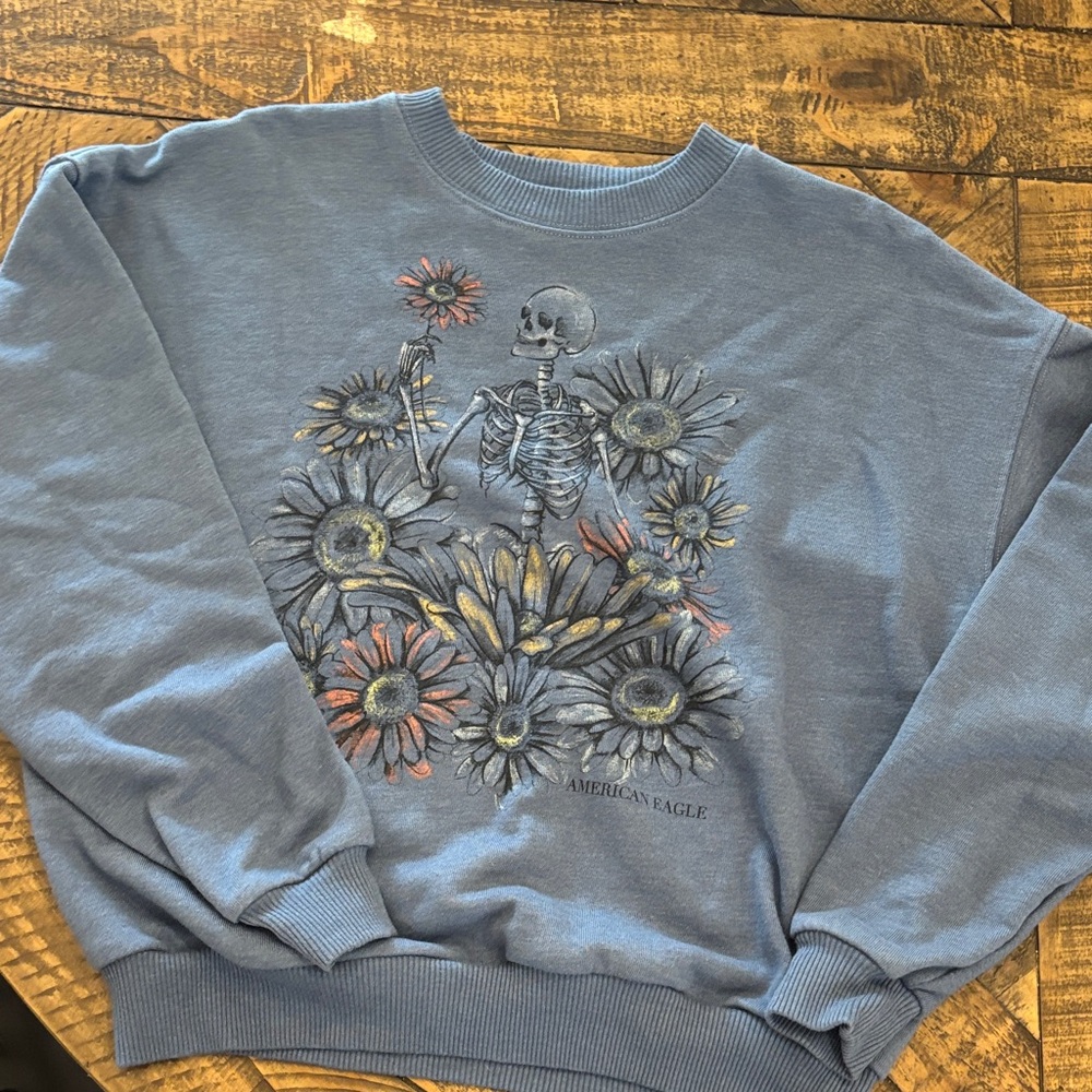 American Eagle Outfitters Blue Skeleton Floral Crewneck Sweater